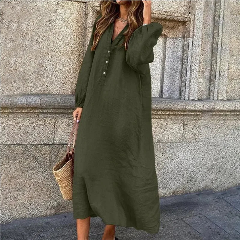 Sara | Cotton V-Neck Comfortable Linen Dress