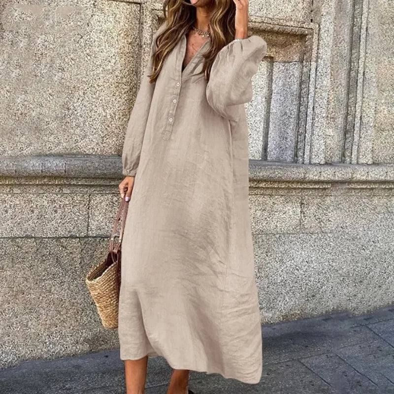 Sara | Cotton V-Neck Comfortable Linen Dress